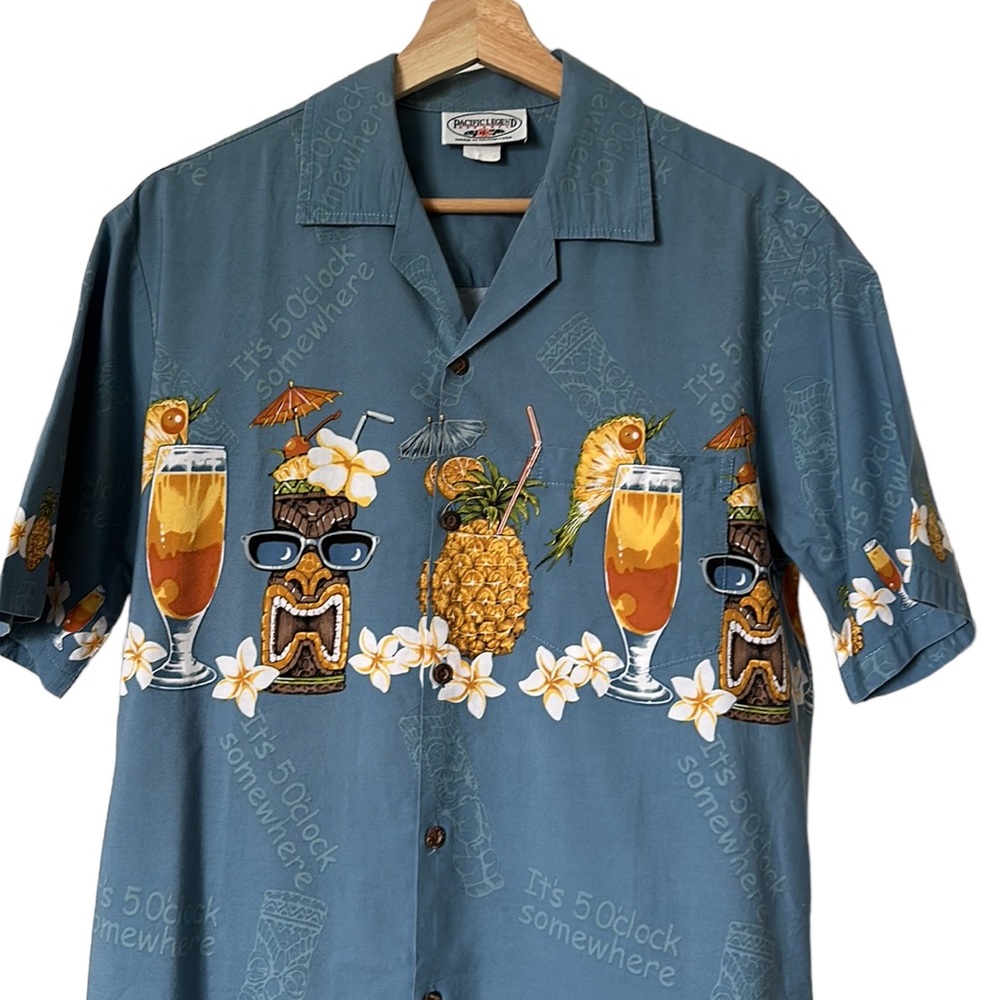 Pacific Legend blue Tiki Hawaiian short sleeve shirt vacation party vibes size L - Picture 1 of 5